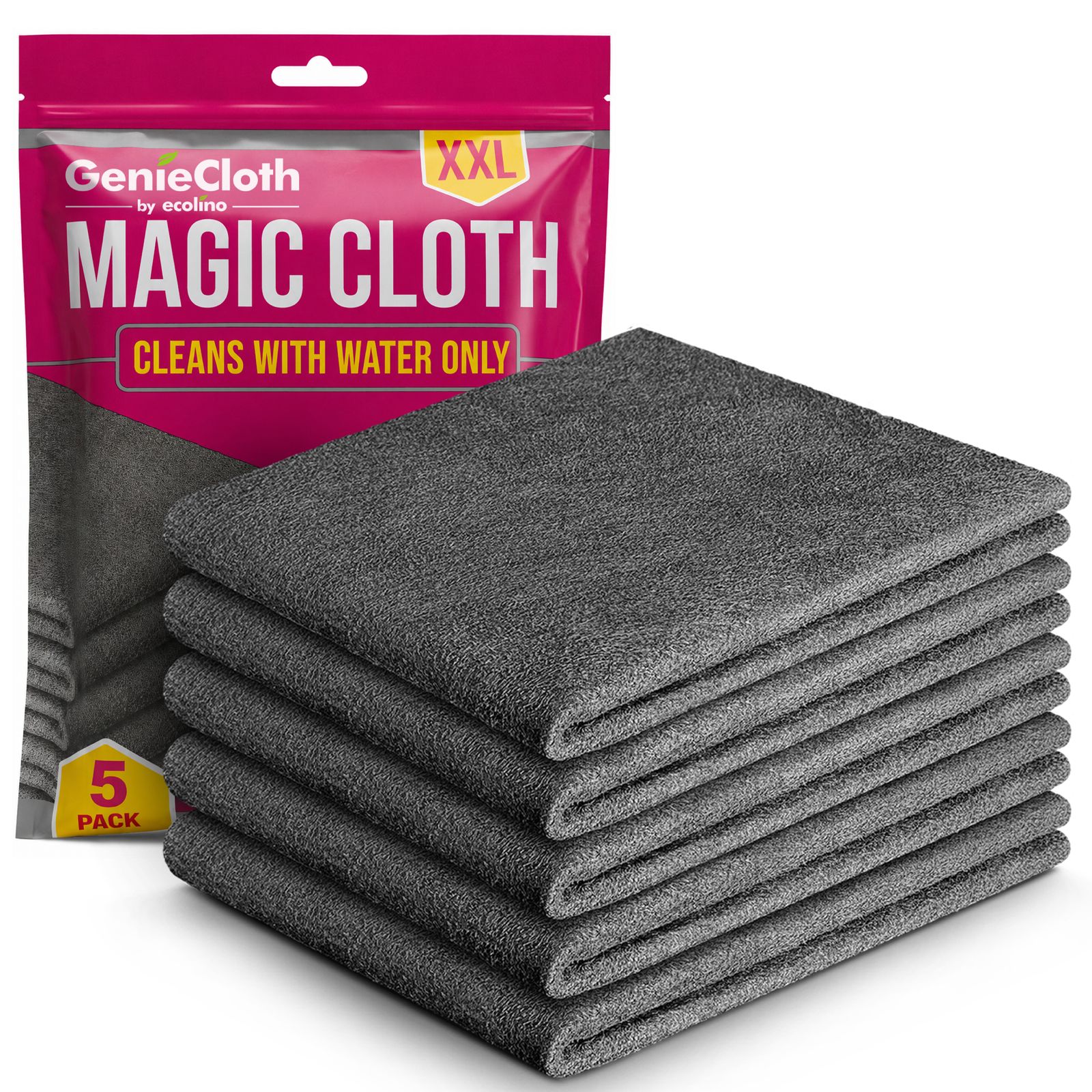 A 5-pack of Genie Cloth Magic Cloth XXL cleaning cloths, with four folded dark gray cloths stacked in front of their pink retail packaging on a white background.